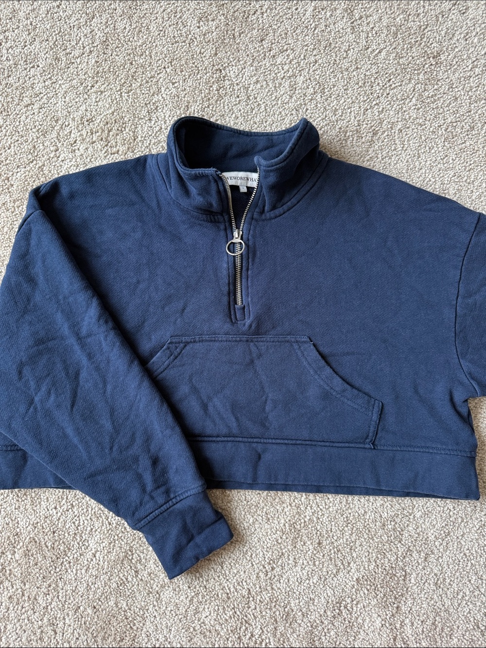 WeWoreWhat Navy Half Zip Crop Pullover Cotton Sweatshirt Crop